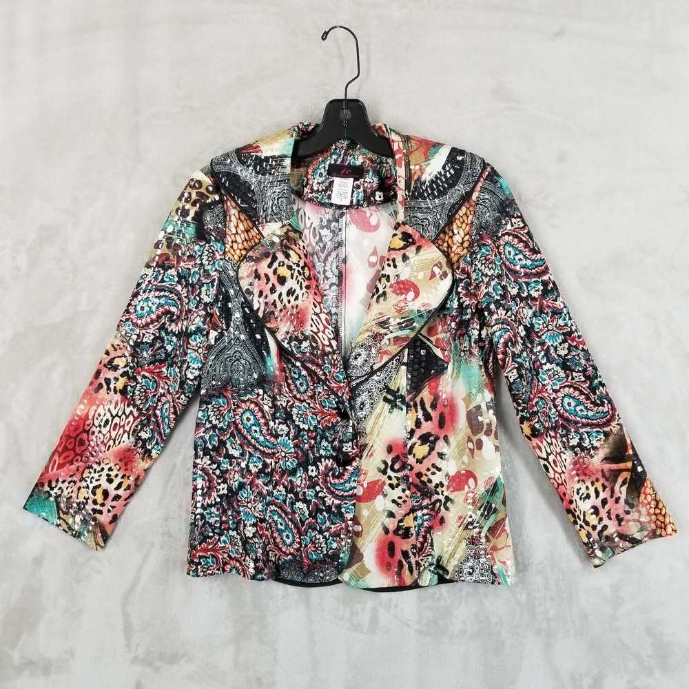 IC By Connie K Blazer Women S Multi Animal Paisley Sequin Jacket Eclectic Art